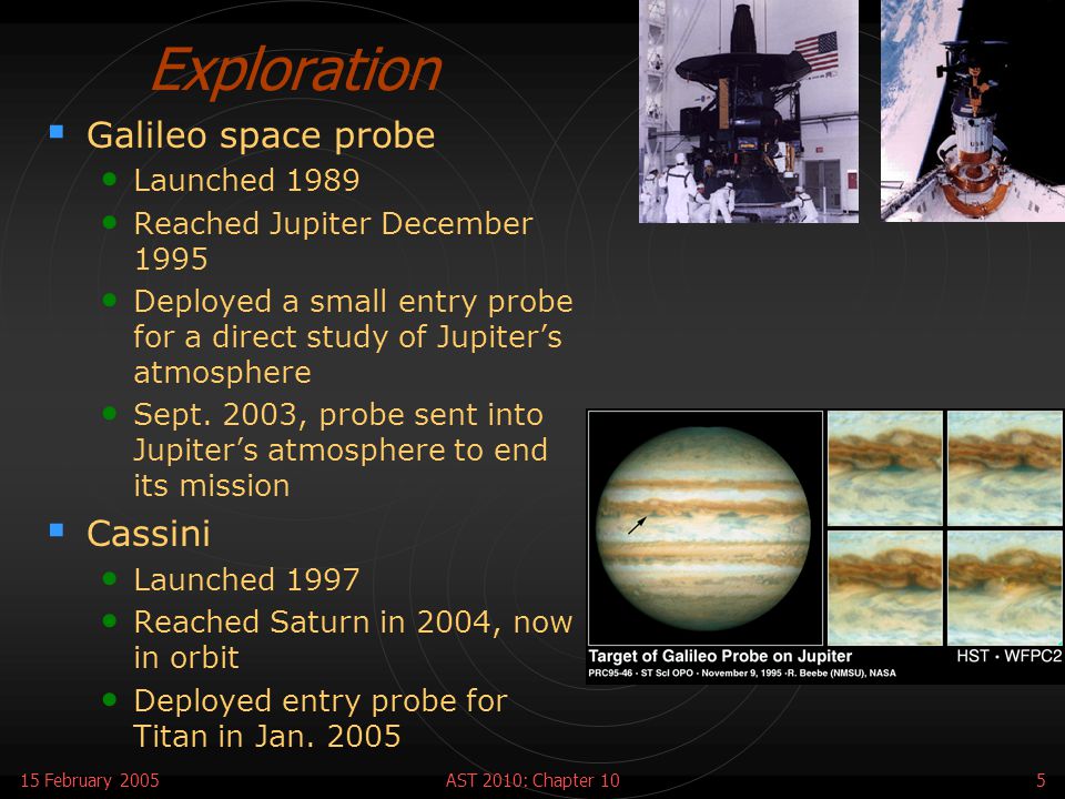 15 February 2005AST 2010: Chapter 105 Exploration  Galileo space probe Launched 1989 Reached Jupiter December 1995 Deployed a small entry probe for a direct study of Jupiter’s atmosphere Sept.
