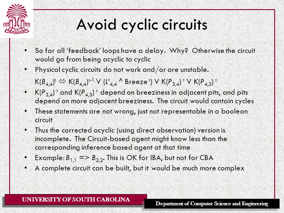 UNIVERSITY OF SOUTH CAROLINA Department of Computer Science and Engineering Avoid cyclic circuits So far all ‘feedback’ loops have a delay.