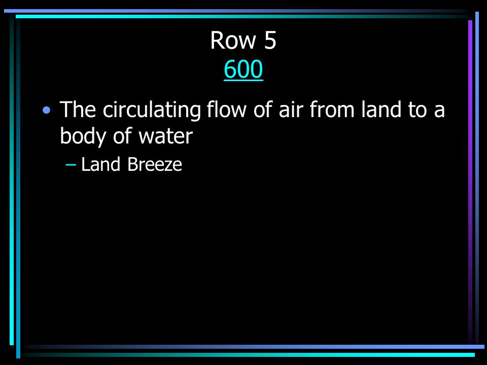 Row The circulating flow of air from land to a body of water –Land Breeze