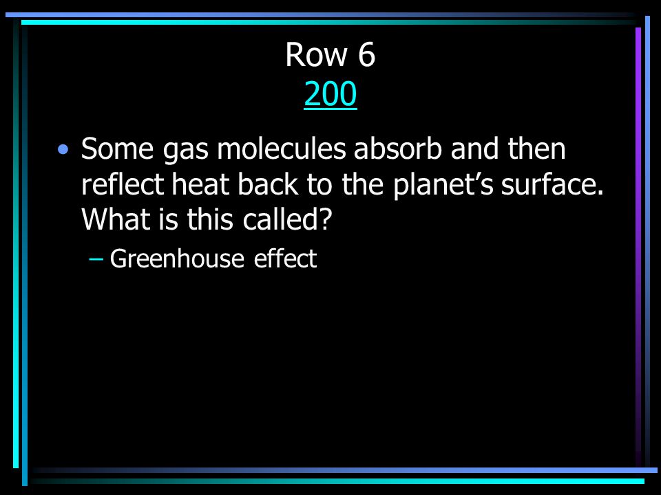 Row Some gas molecules absorb and then reflect heat back to the planet’s surface.
