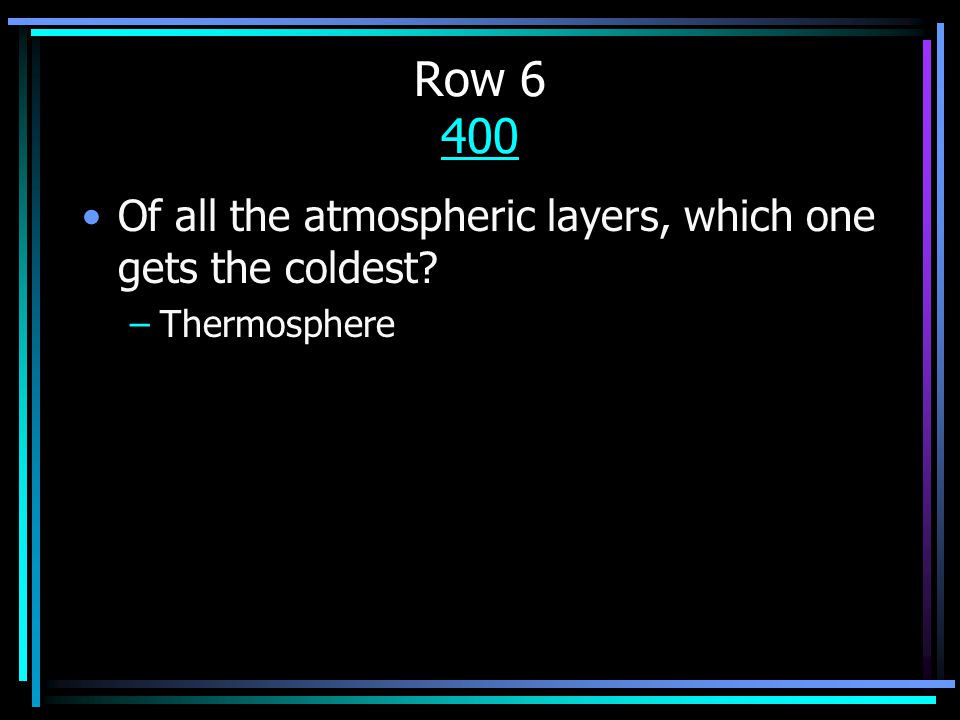 Row Of all the atmospheric layers, which one gets the coldest –Thermosphere