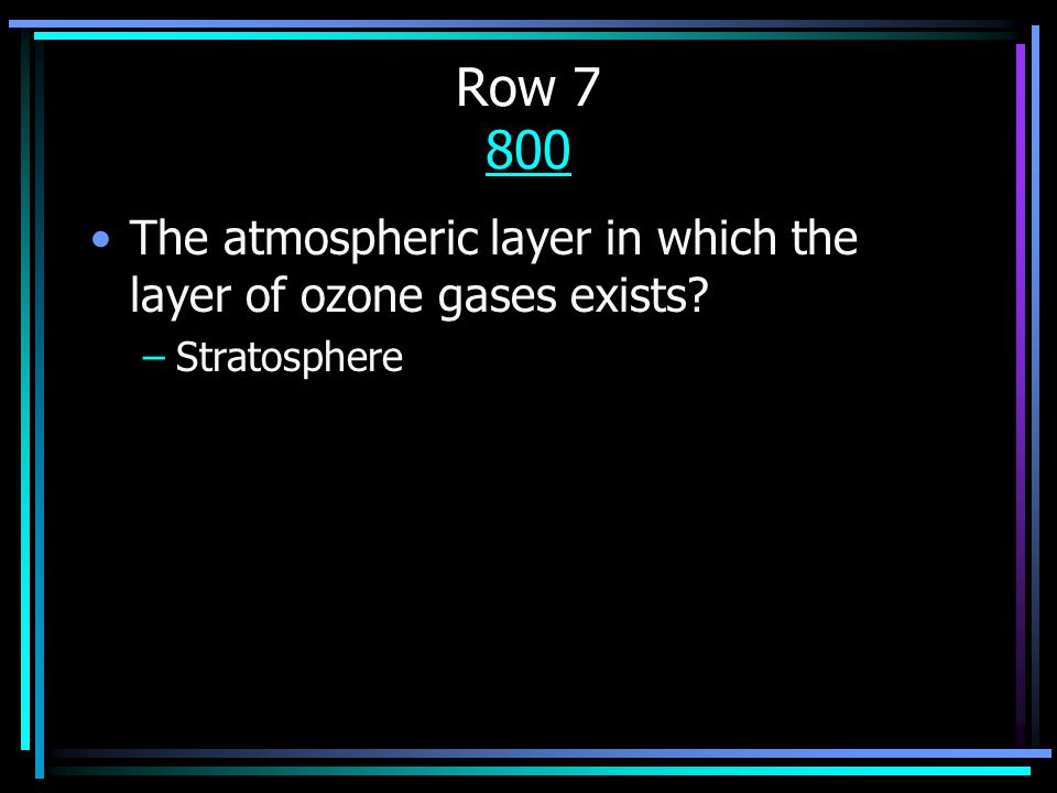 Row The atmospheric layer in which the layer of ozone gases exists –Stratosphere