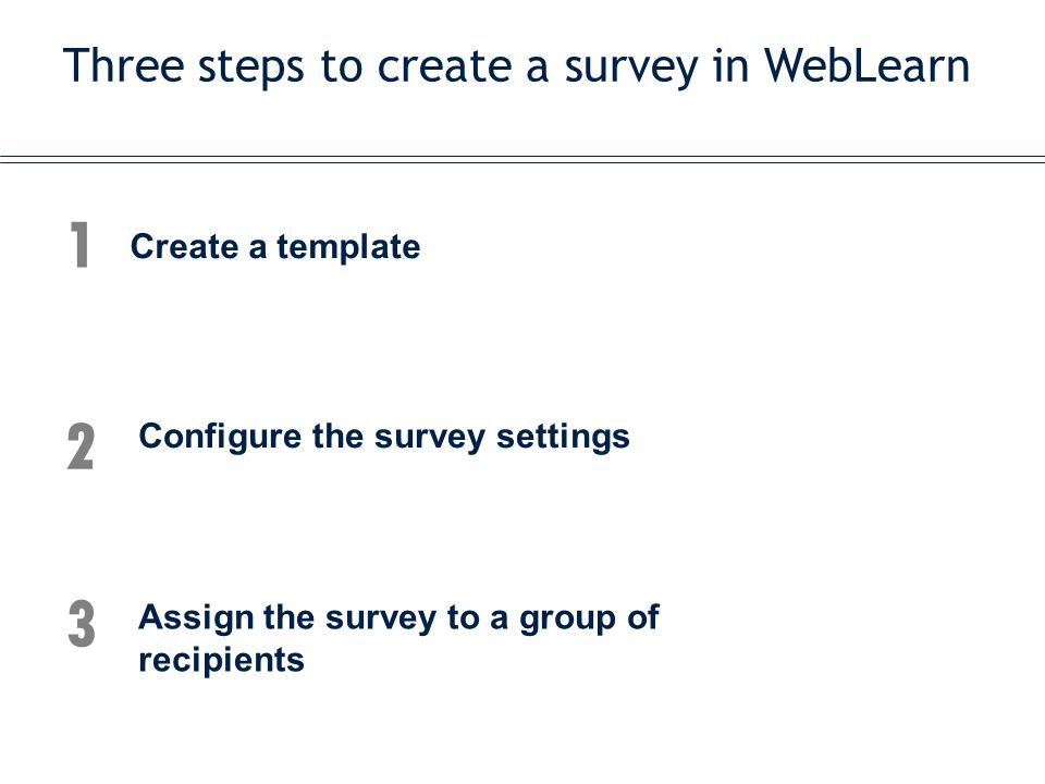 Three steps to create a survey in WebLearn 1 Create a template 2 Assign the survey to a group of recipients Configure the survey settings 3