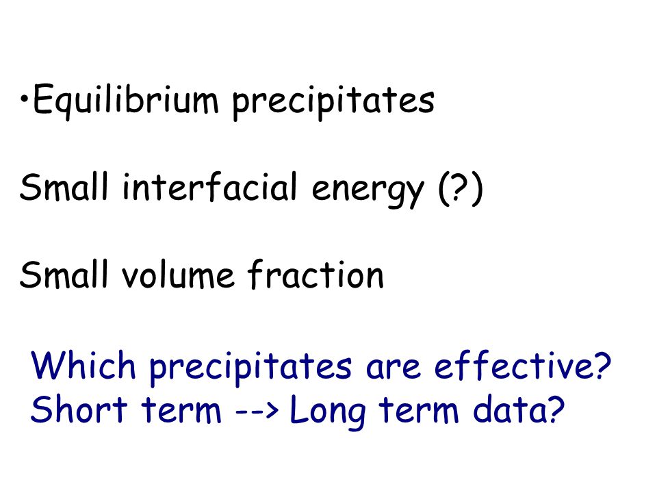 Equilibrium precipitates Small interfacial energy ( ) Small volume fraction Which precipitates are effective.