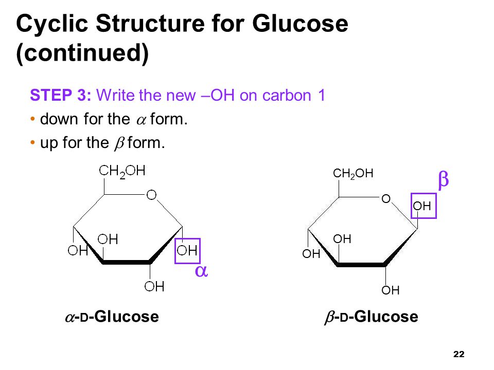 O CH 2 OH OH 22 Cyclic Structure for Glucose (continued)  - D -Glucose  - D -Glucose  STEP 3: Write the new –OH on carbon 1 down for the  form.