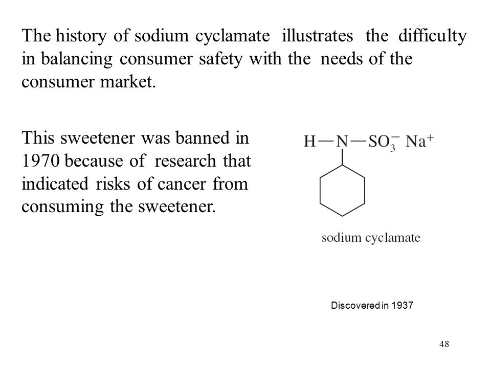 48 The history of sodium cyclamate illustrates the difficulty in balancing consumer safety with the needs of the consumer market.