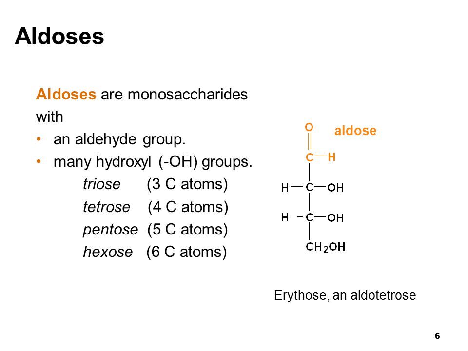 6 Aldoses Aldoses are monosaccharides with an aldehyde group.