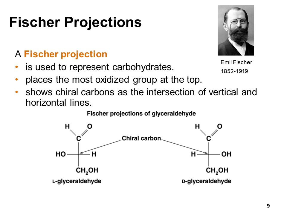 9 Fischer Projections A Fischer projection is used to represent carbohydrates.