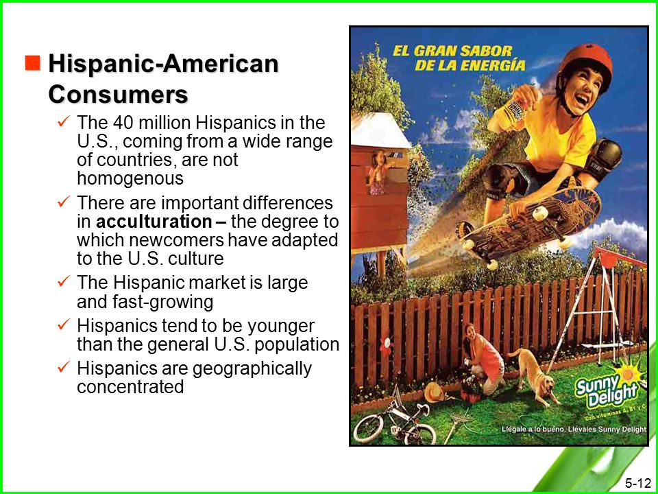 5-12 Hispanic-American Consumers Hispanic-American Consumers The 40 million Hispanics in the U.S., coming from a wide range of countries, are not homogenous There are important differences in acculturation – the degree to which newcomers have adapted to the U.S.