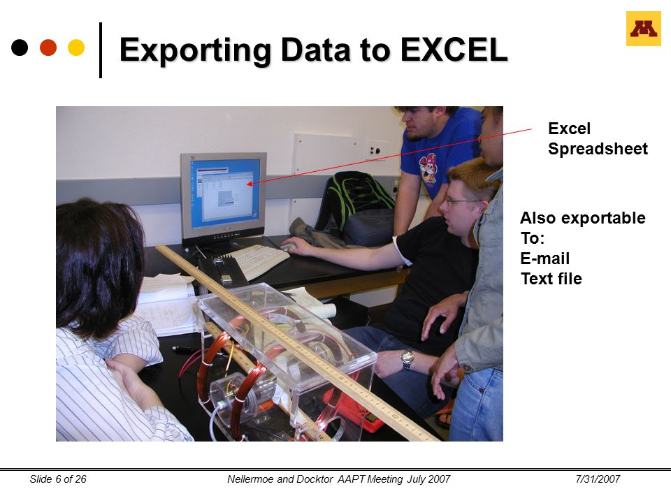 7/31/2007Nellermoe and Docktor AAPT Meeting July 2007Slide 6 of 26 Exporting Data to EXCEL Excel Spreadsheet Also exportable To:  Text file