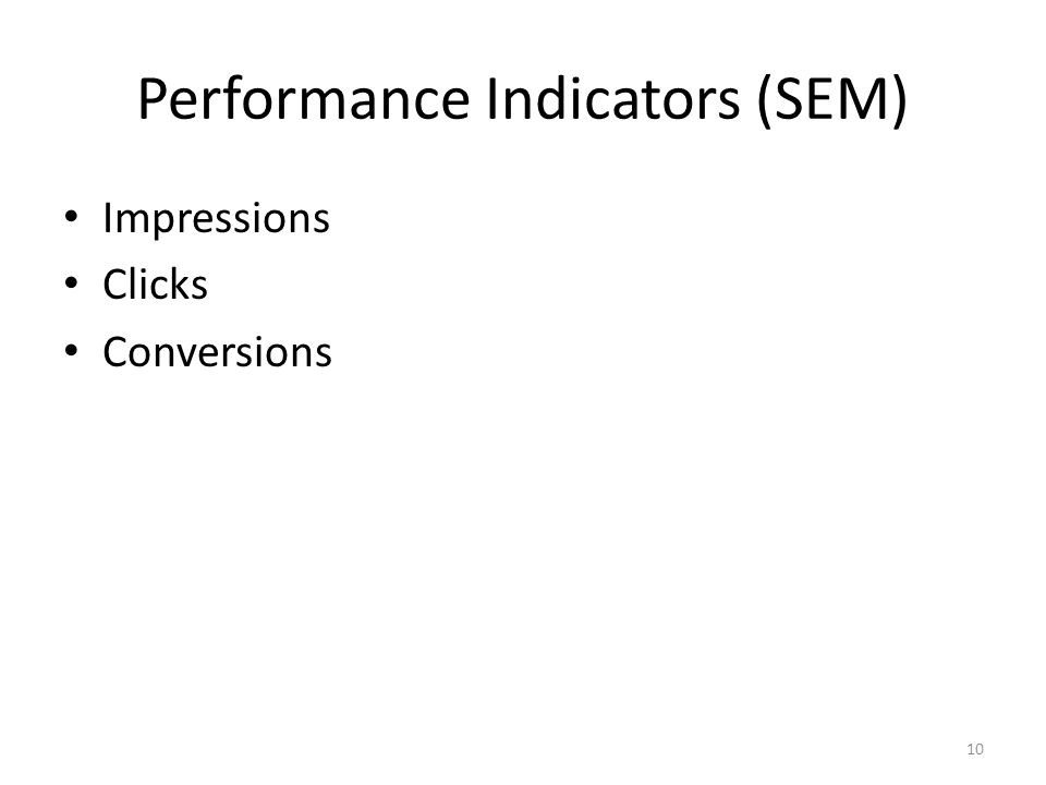 Performance Indicators (SEM) Impressions Clicks Conversions 10