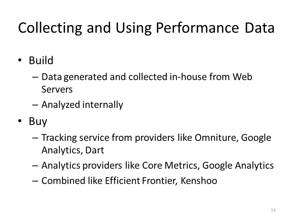 Collecting and Using Performance Data Build – Data generated and collected in-house from Web Servers – Analyzed internally Buy – Tracking service from providers like Omniture, Google Analytics, Dart – Analytics providers like Core Metrics, Google Analytics – Combined like Efficient Frontier, Kenshoo 14