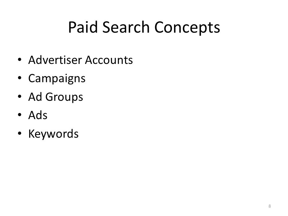Paid Search Concepts Advertiser Accounts Campaigns Ad Groups Ads Keywords 8