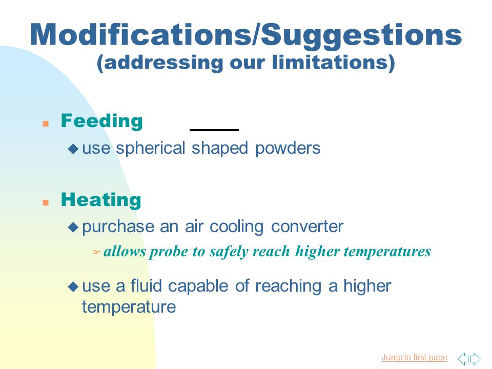 Modifications/Suggestions (addressing our limitations) Feeding u use spherical shaped powders n Heating u purchase an air cooling converter F allows probe to safely reach higher temperatures u use a fluid capable of reaching a higher temperature