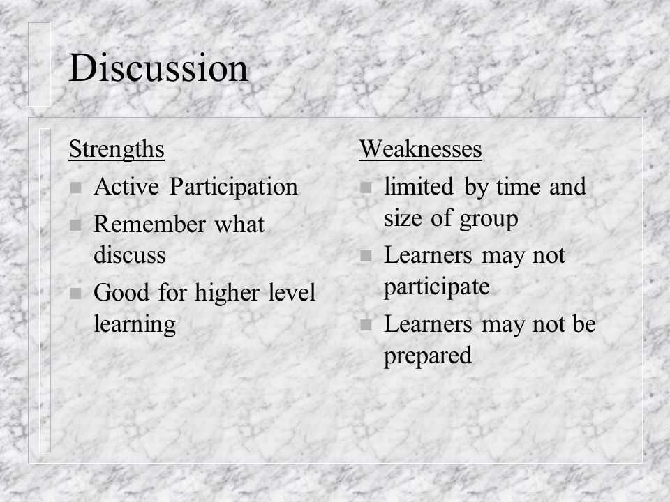 Discussion Strengths n Active Participation n Remember what discuss n Good for higher level learning Weaknesses n limited by time and size of group n Learners may not participate n Learners may not be prepared