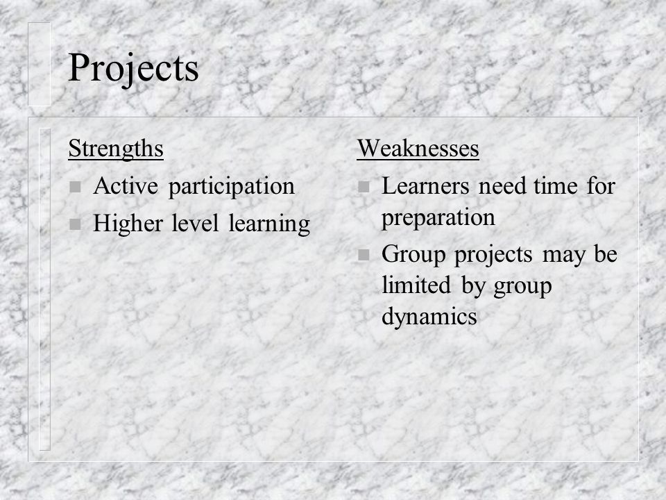Projects Strengths n Active participation n Higher level learning Weaknesses n Learners need time for preparation n Group projects may be limited by group dynamics
