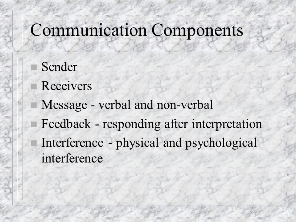 Communication Components n Sender n Receivers n Message - verbal and non-verbal n Feedback - responding after interpretation n Interference - physical and psychological interference