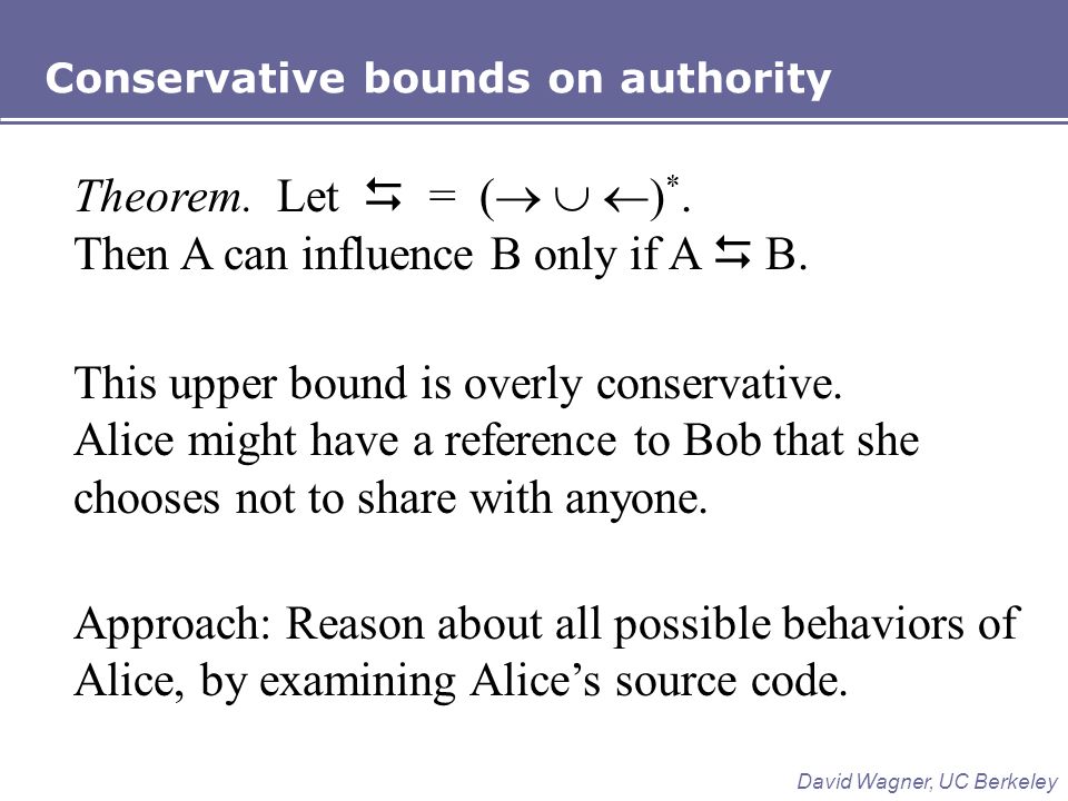 Conservative bounds on authority David Wagner, UC Berkeley Theorem.