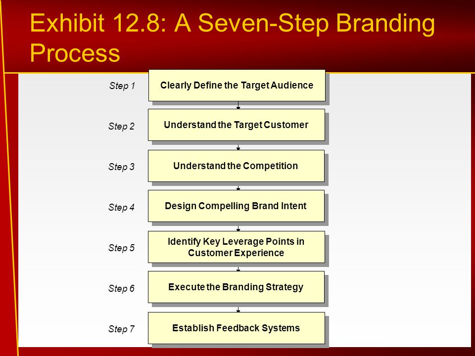 Clearly Define the Target Audience Exhibit 12.8: A Seven-Step Branding Process Step 1 Step 3 Step 2 Step 4 Step 5 Step 6 Step 7 Understand the Target Customer Understand the Competition Design Compelling Brand Intent Identify Key Leverage Points in Customer Experience Execute the Branding Strategy Establish Feedback Systems
