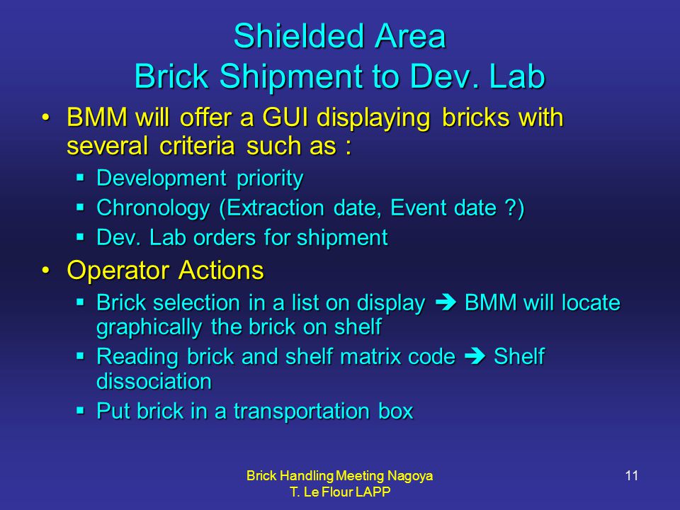 Brick Handling Meeting Nagoya T. Le Flour LAPP 11 Shielded Area Brick Shipment to Dev.