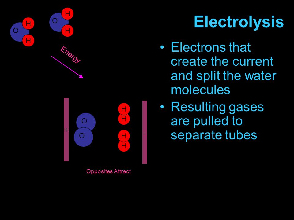 + Electrons that create the current and split the water molecules Resulting gases are pulled to separate tubes Electrolysis H Energy O O H H H - Opposites Attract O H H O H H
