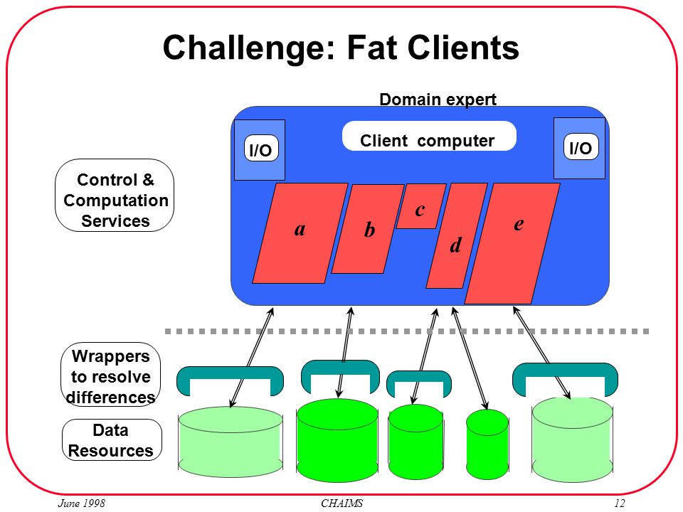 June 1998 CHAIMS12 Challenge: Fat Clients Domain expert Client computer Control & Computation Services I/O a b c d e Wrappers to resolve differences I/O Data Resources