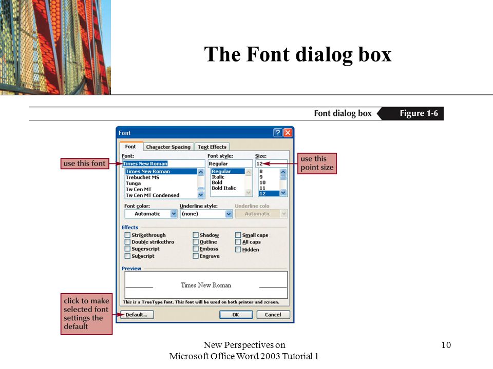 XP New Perspectives on Microsoft Office Word 2003 Tutorial 1 10 The Font dialog box