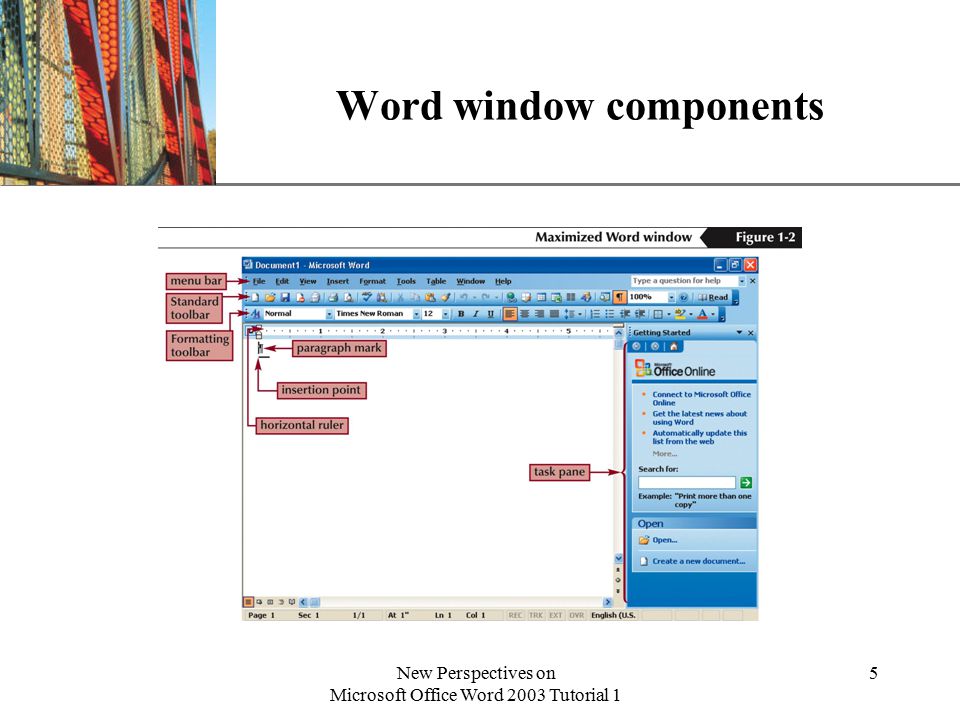 XP New Perspectives on Microsoft Office Word 2003 Tutorial 1 5 Word window components