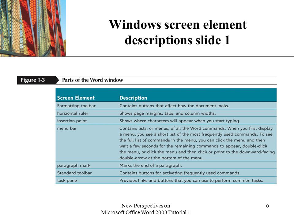 XP New Perspectives on Microsoft Office Word 2003 Tutorial 1 6 Windows screen element descriptions slide 1