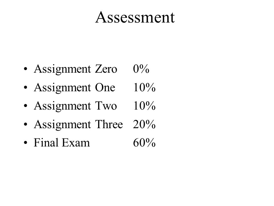 Assessment Assignment Zero0% Assignment One10% Assignment Two10% Assignment Three20% Final Exam60%