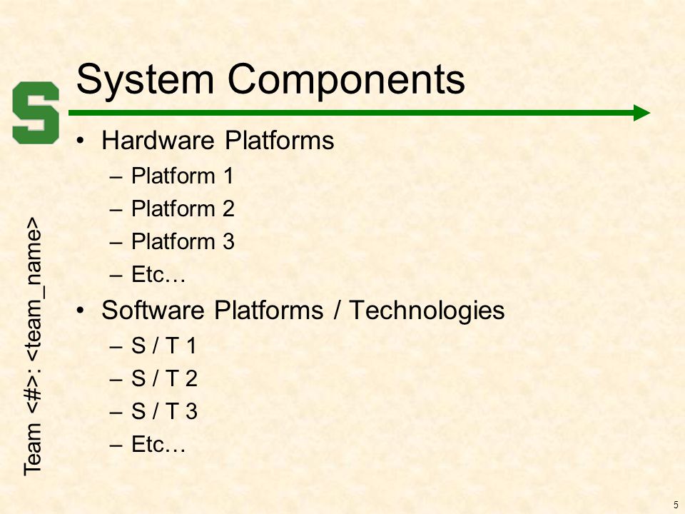 Team : 5 System Components Hardware Platforms –Platform 1 –Platform 2 –Platform 3 –Etc… Software Platforms / Technologies –S / T 1 –S / T 2 –S / T 3 –Etc…