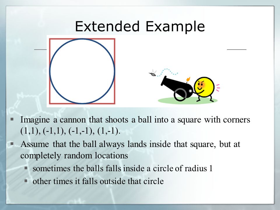 Extended Example  Imagine a cannon that shoots a ball into a square with corners (1,1), (-1,1), (-1,-1), (1,-1).