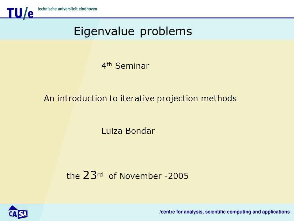 An introduction to iterative projection methods Eigenvalue problems Luiza Bondar the 23 rd of November th Seminar
