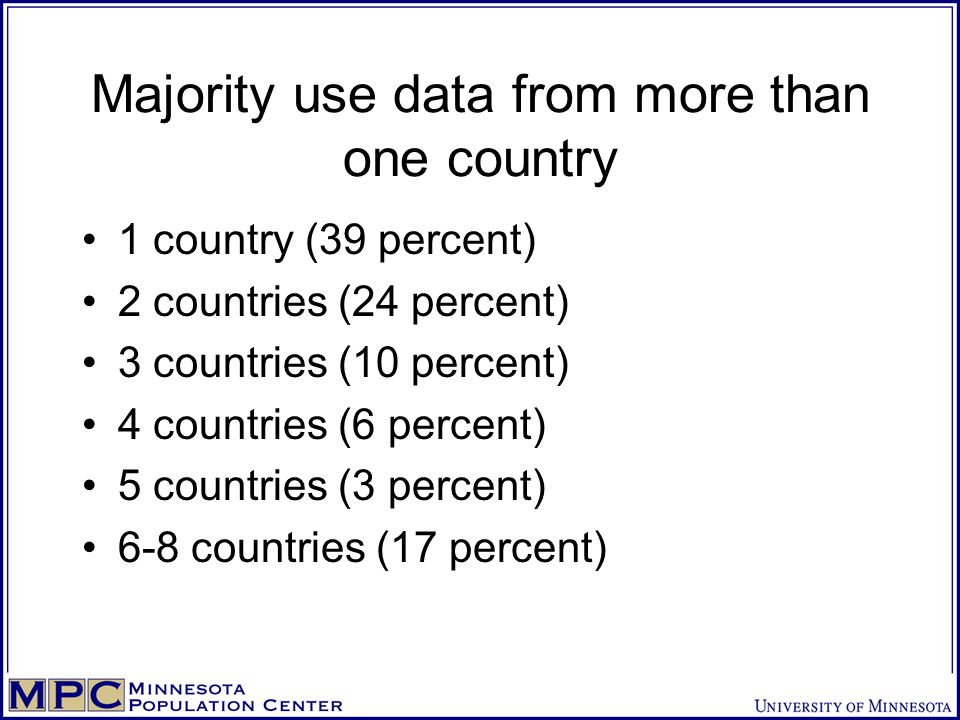 Majority use data from more than one country 1 country (39 percent) 2 countries (24 percent) 3 countries (10 percent) 4 countries (6 percent) 5 countries (3 percent) 6-8 countries (17 percent)