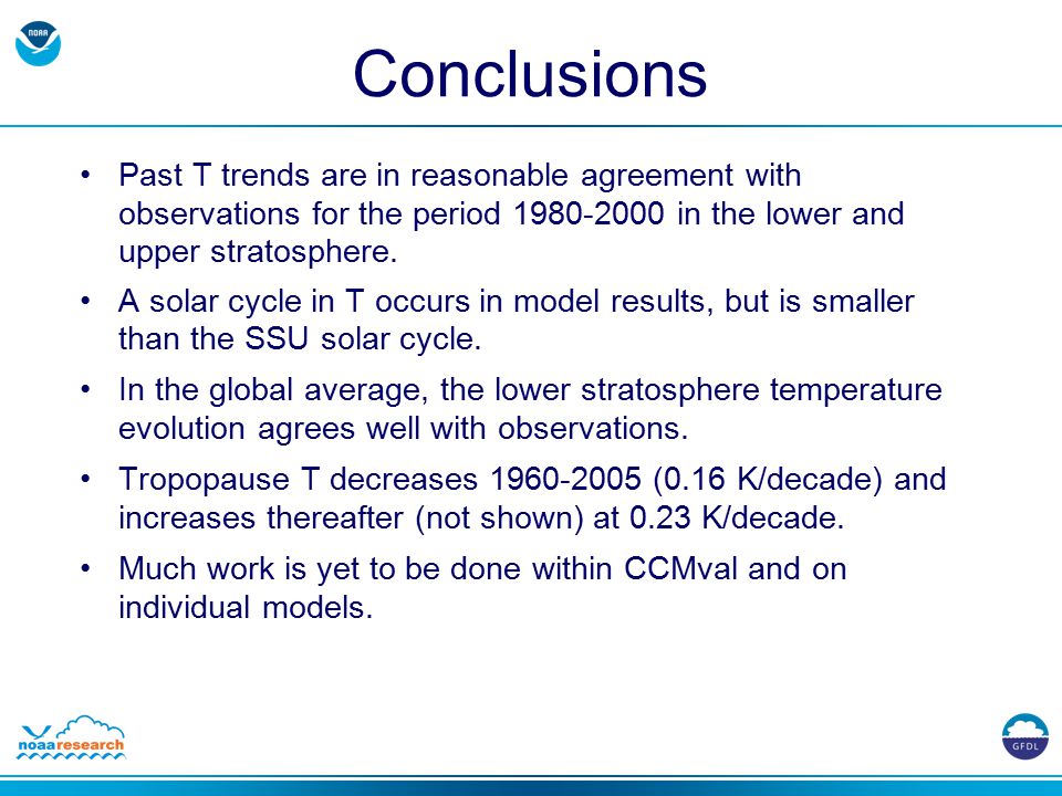 Conclusions Past T trends are in reasonable agreement with observations for the period in the lower and upper stratosphere.