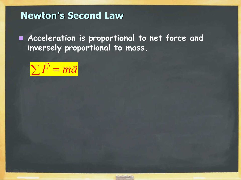 Newton’s Second Law Acceleration is proportional to net force and inversely proportional to mass.