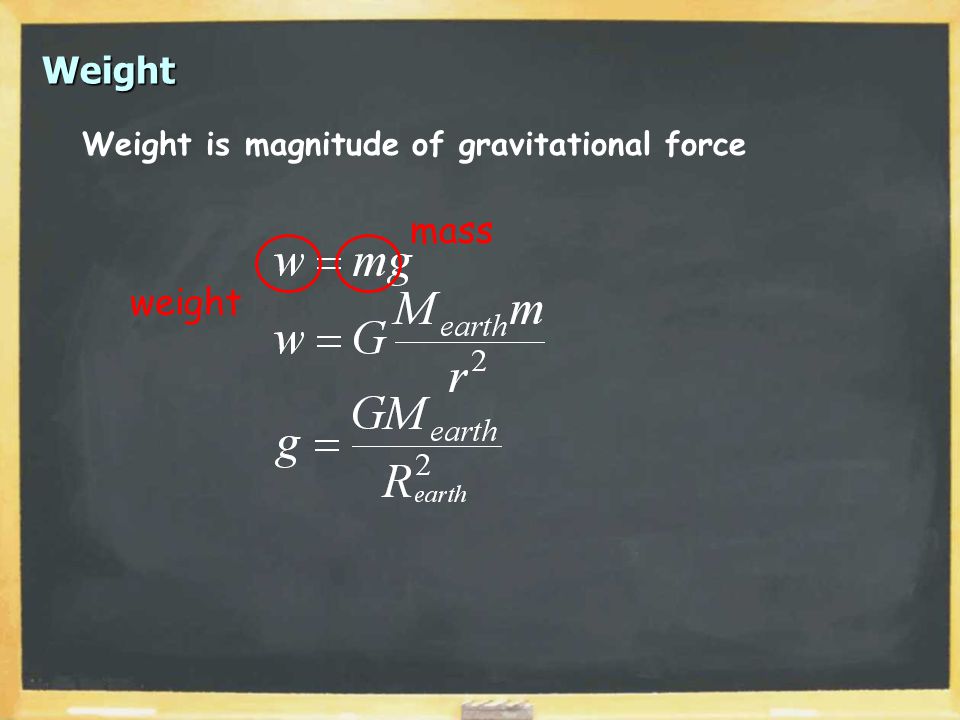 Weight Weight is magnitude of gravitational force weight mass