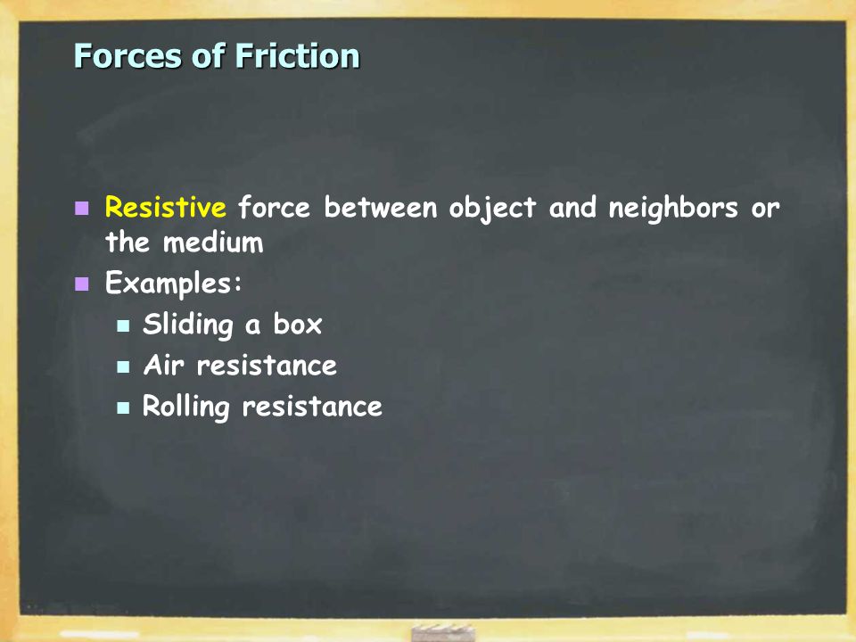 Forces of Friction Resistive force between object and neighbors or the medium Examples: Sliding a box Air resistance Rolling resistance