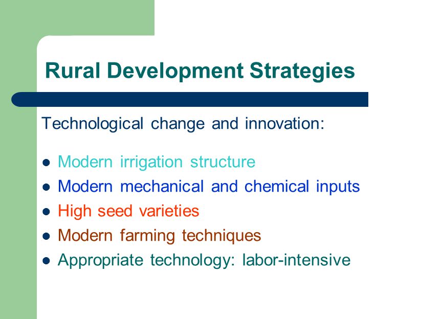 Rural Development Strategies Technological change and innovation: Modern irrigation structure Modern mechanical and chemical inputs High seed varieties Modern farming techniques Appropriate technology: labor-intensive