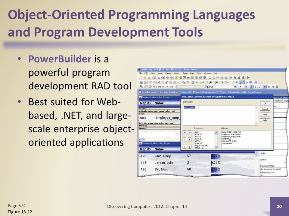 Object-Oriented Programming Languages and Program Development Tools PowerBuilder is a powerful program development RAD tool Best suited for Web- based,.NET, and large- scale enterprise object- oriented applications Discovering Computers 2012: Chapter Page 674 Figure 13-12