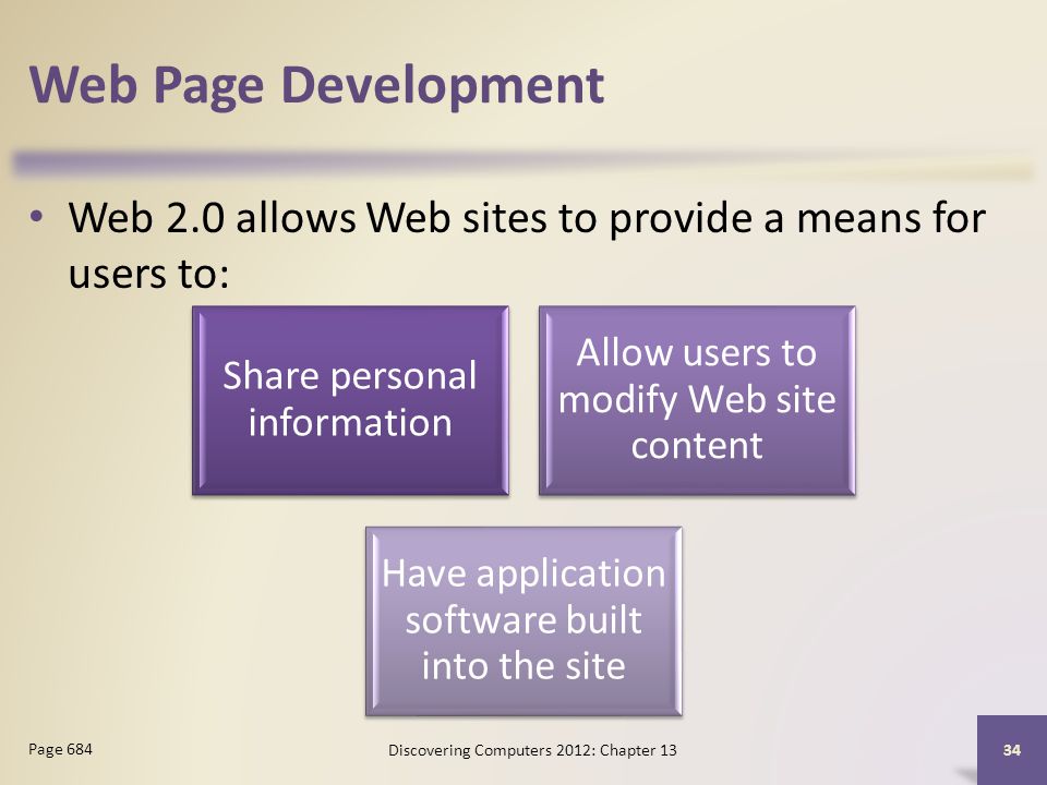 Web Page Development Web 2.0 allows Web sites to provide a means for users to: Discovering Computers 2012: Chapter Page 684 Share personal information Allow users to modify Web site content Have application software built into the site