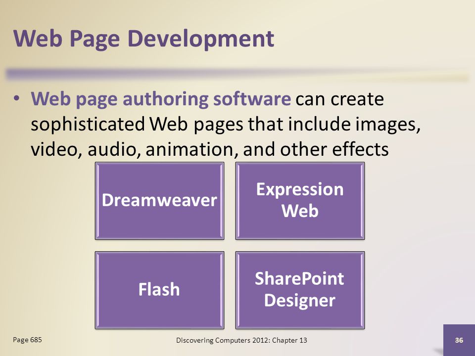 Web Page Development Web page authoring software can create sophisticated Web pages that include images, video, audio, animation, and other effects Discovering Computers 2012: Chapter Page 685 Dreamweaver Expression Web Flash SharePoint Designer