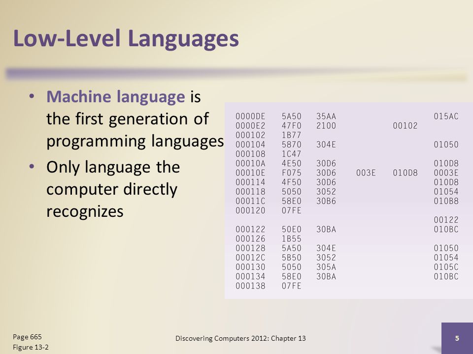 Low-Level Languages Machine language is the first generation of programming languages Only language the computer directly recognizes Discovering Computers 2012: Chapter 13 5 Page 665 Figure 13-2