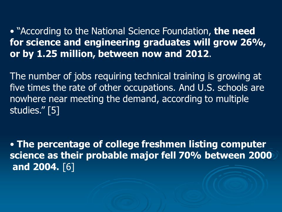According to the National Science Foundation, the need for science and engineering graduates will grow 26%, or by 1.25 million, between now and 2012.