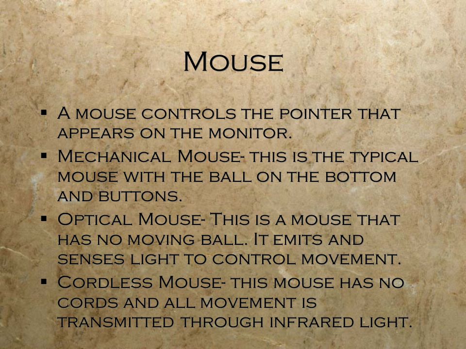 Mouse  A mouse controls the pointer that appears on the monitor.