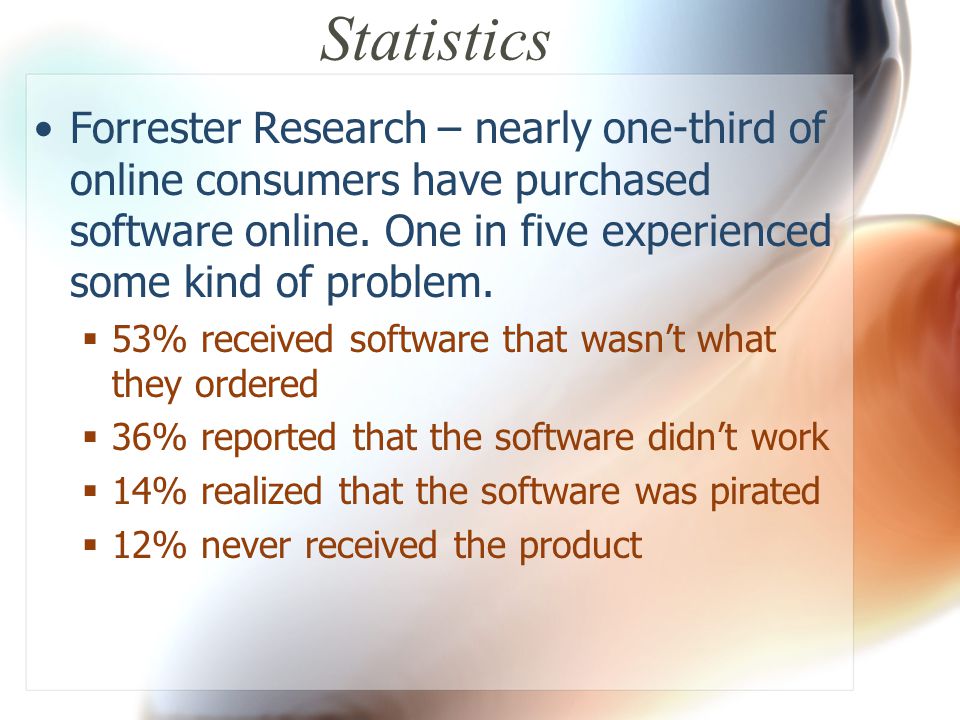 Statistics Forrester Research – nearly one-third of online consumers have purchased software online.