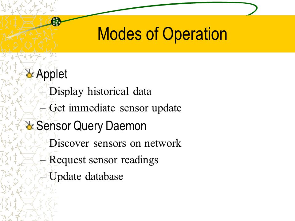 Modes of Operation Applet –Display historical data –Get immediate sensor update Sensor Query Daemon –Discover sensors on network –Request sensor readings –Update database