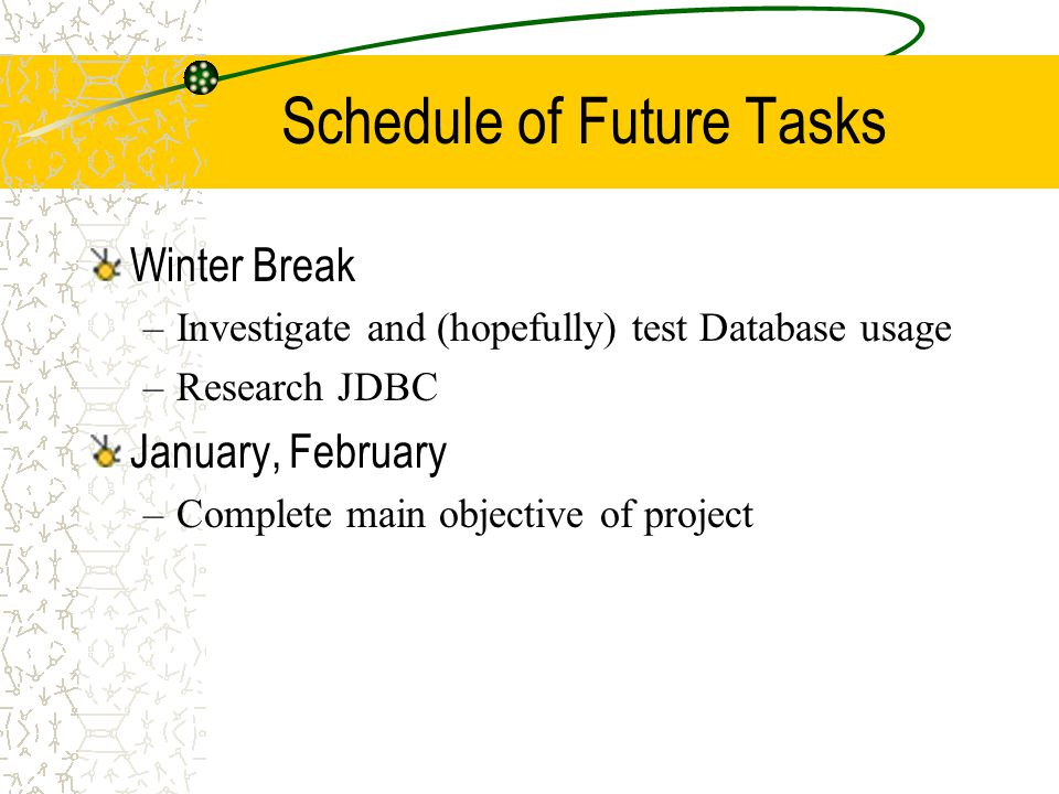Schedule of Future Tasks Winter Break –Investigate and (hopefully) test Database usage –Research JDBC January, February –Complete main objective of project