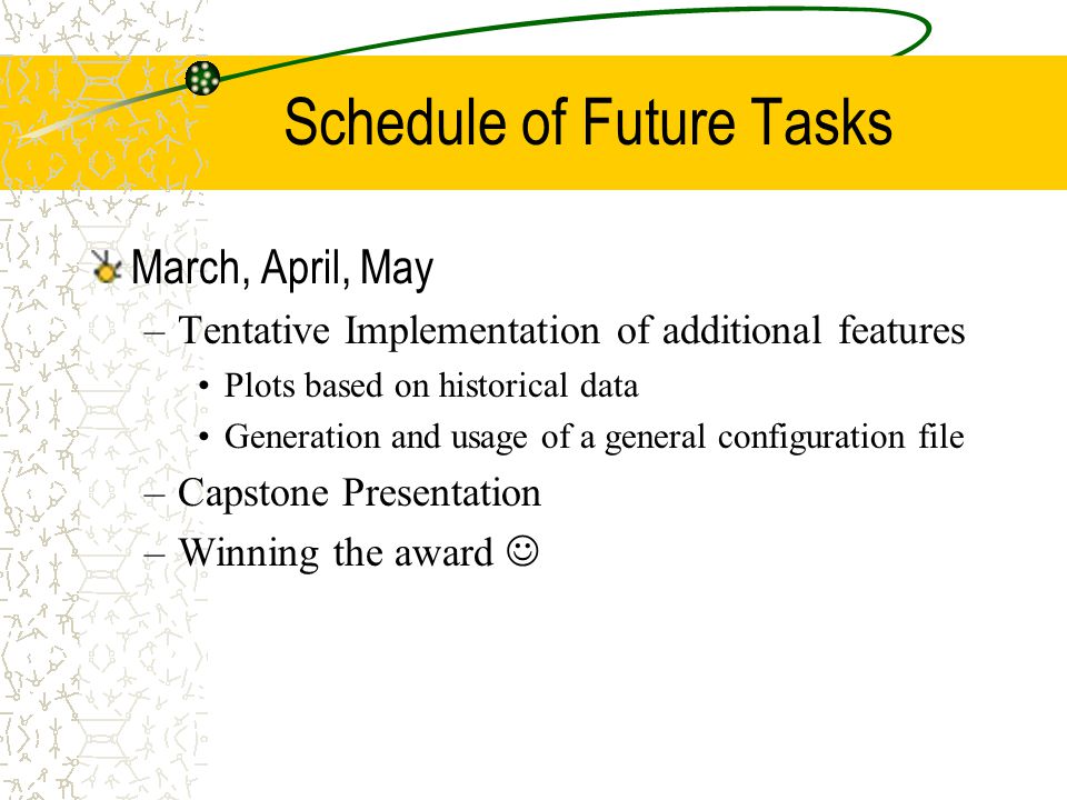 Schedule of Future Tasks March, April, May –Tentative Implementation of additional features Plots based on historical data Generation and usage of a general configuration file –Capstone Presentation –Winning the award