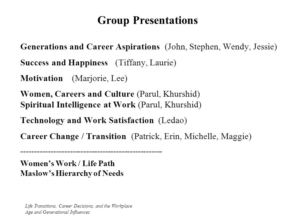 group presentations life transitions career decisions and the careers aspirations